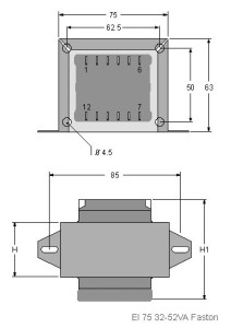 EI75 Faston TRG Trasformatori a Giorno Quote-Open Faston Transformers dimensions